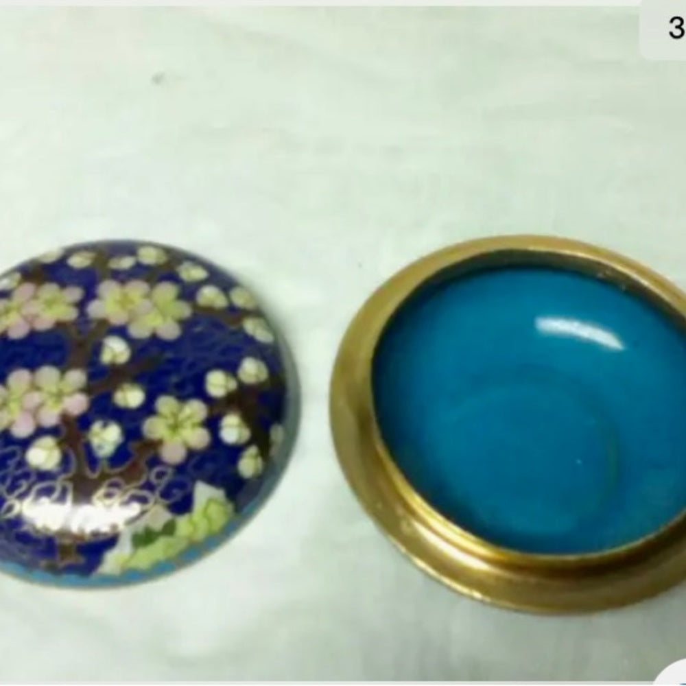 Vintage, Elegant, Cloissone Cherry Blossoms Round Trinket Box  2.5in x 1.5in