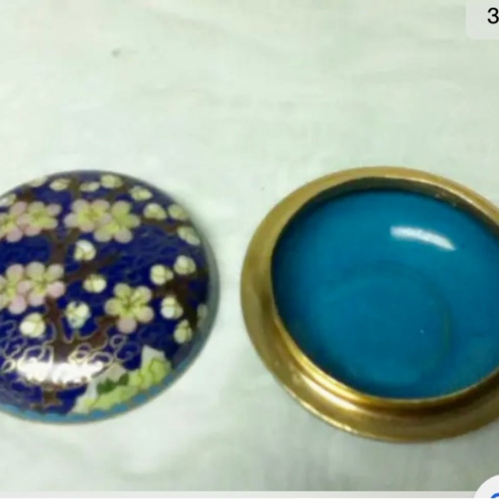 Vintage, Elegant, Cloissone Cherry Blossoms Round Trinket Box  2.5in x 1.5in