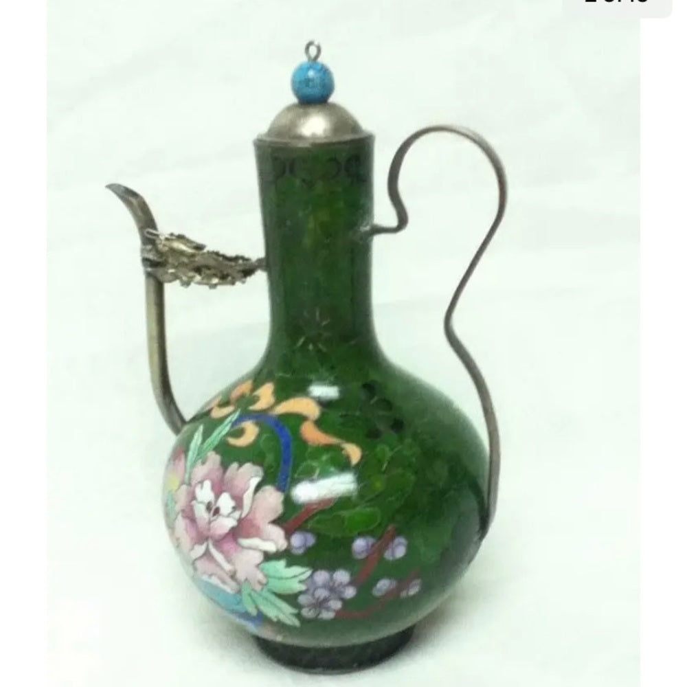Antique, Beautiful, 7in x 5in Pink Floral Green Cloissone’  Teapot