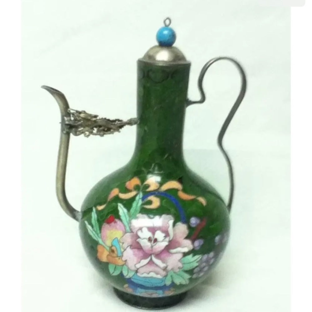 Antique, Beautiful, 7in x 5in Pink Floral Green Cloissone’  Teapot