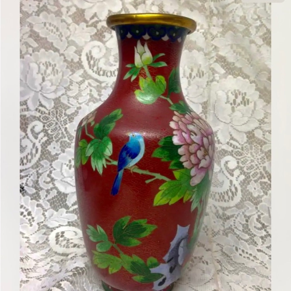 Vintage, Beautiful, Large 10.5in x 4.5in Red Floral Cloissone’  Vase