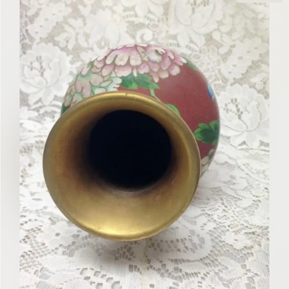Vintage, Beautiful, Large 10.5in x 4.5in Red Floral Cloissone’  Vase