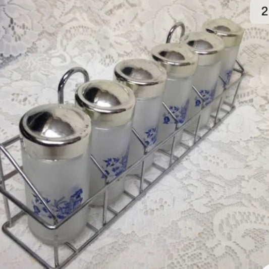 Vintage, Blue Willow 6pc Glass Spice Jars with Chrome Metal Rack.