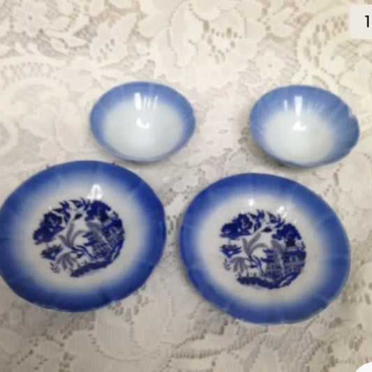 Vintage, 2 Sets of Flow Blue Willow Cup and Saucer, Dessert or Sake Set, etc.