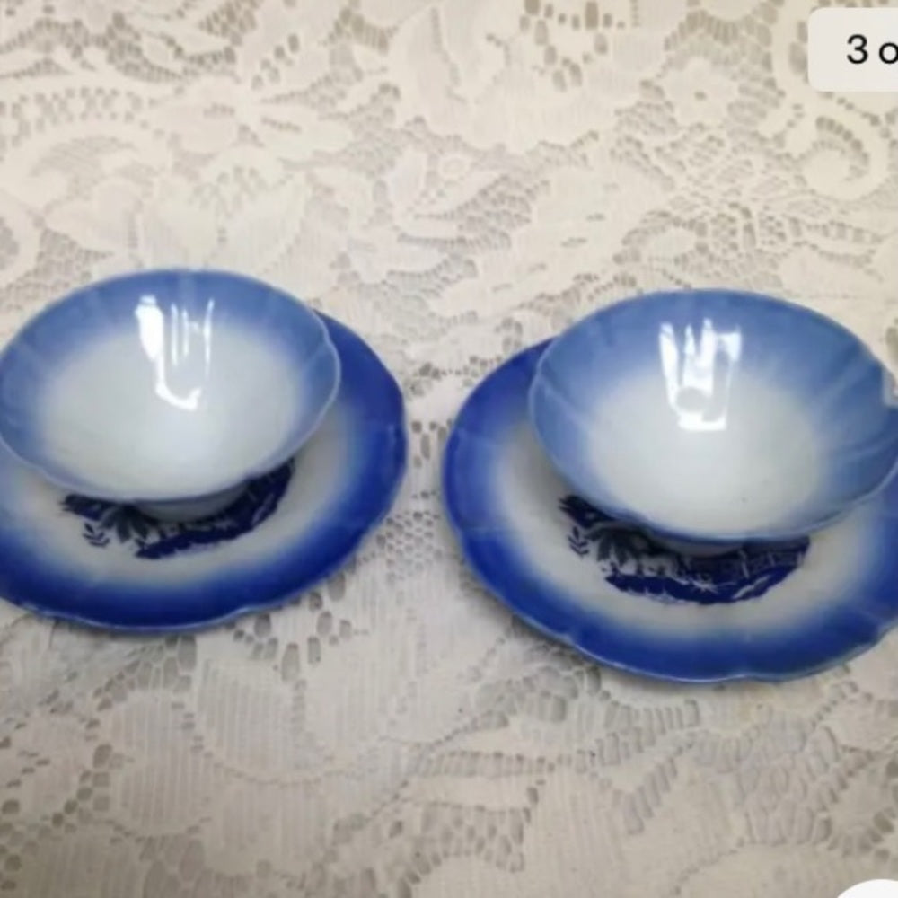 Vintage, 2 Sets of Flow Blue Willow Cup and Saucer, Dessert or Sake Set, etc.