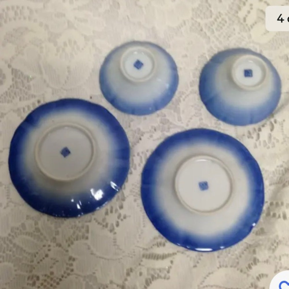 Vintage, 2 Sets of Flow Blue Willow Cup and Saucer, Dessert or Sake Set, etc.
