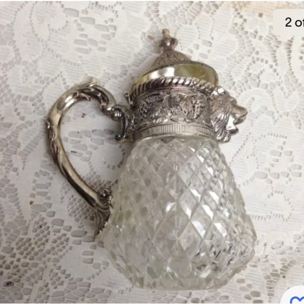 Vintage, A. Price Figural Lion's Head Silver Plated-Crystal Syrup Jug 6.5in x5in