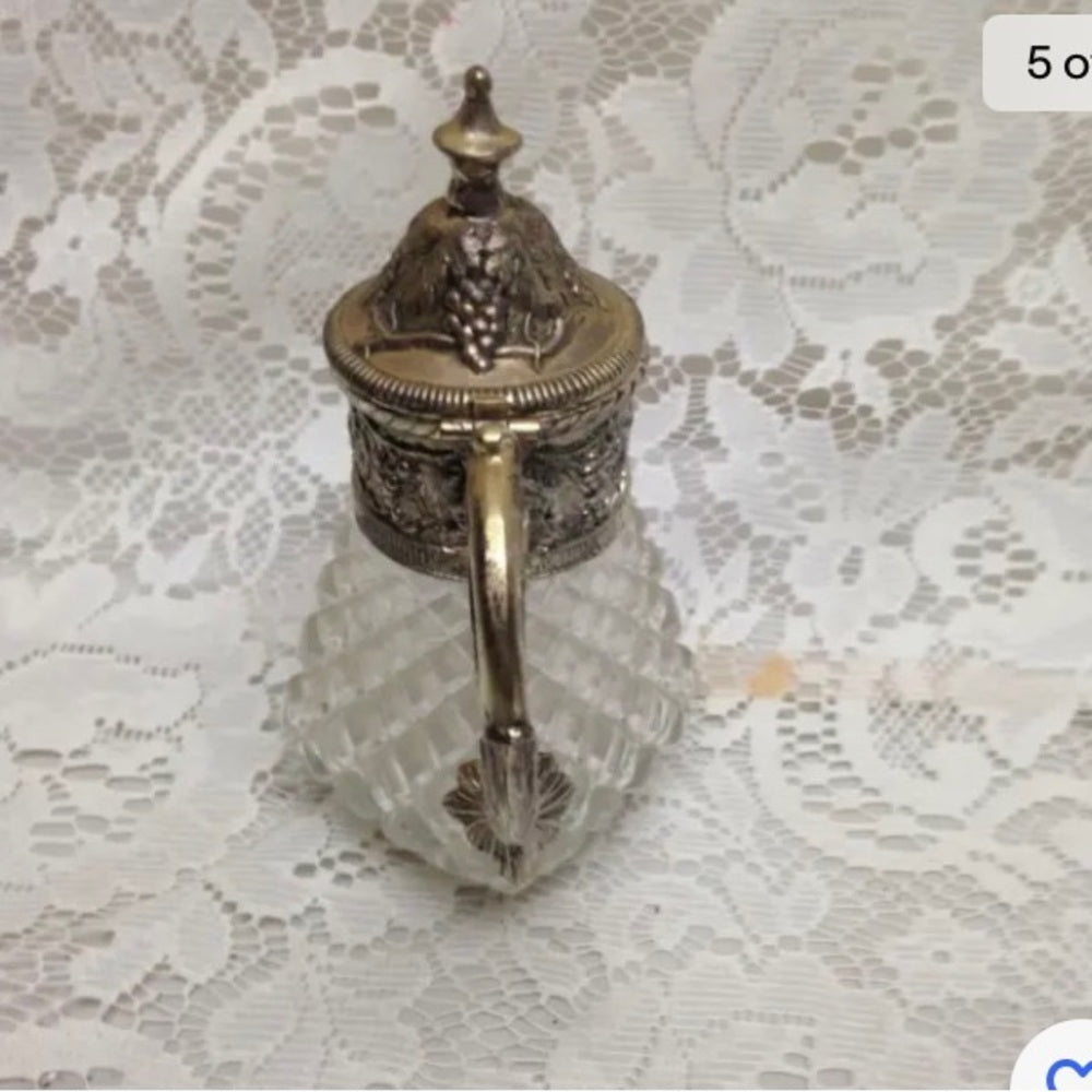 Vintage, A. Price Figural Lion's Head Silver Plated-Crystal Syrup Jug 6.5in x5in