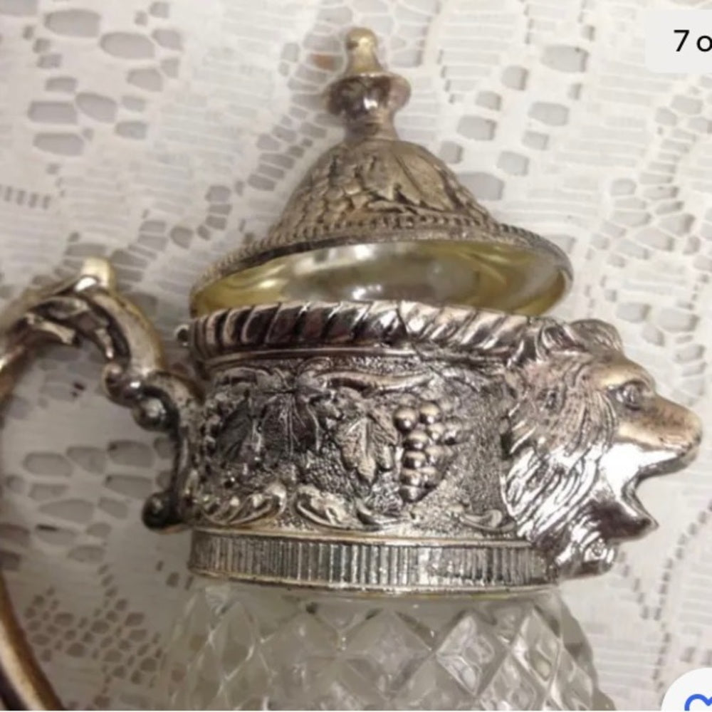 Vintage, A. Price Figural Lion's Head Silver Plated-Crystal Syrup Jug 6.5in x5in