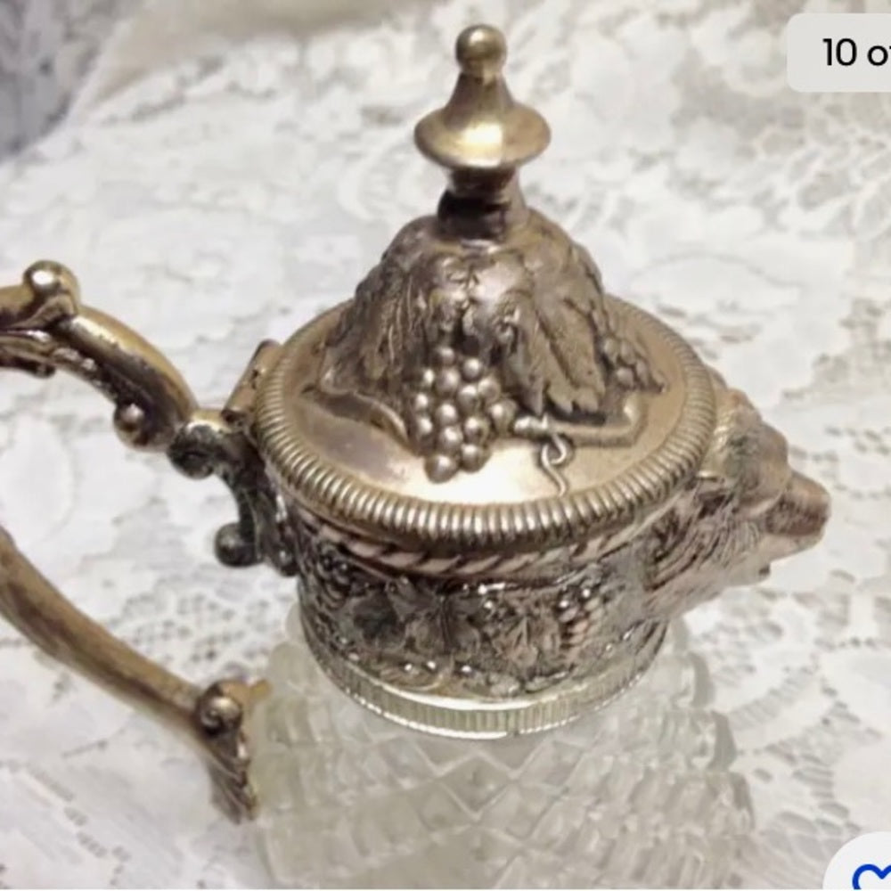Vintage, A. Price Figural Lion's Head Silver Plated-Crystal Syrup Jug 6.5in x5in