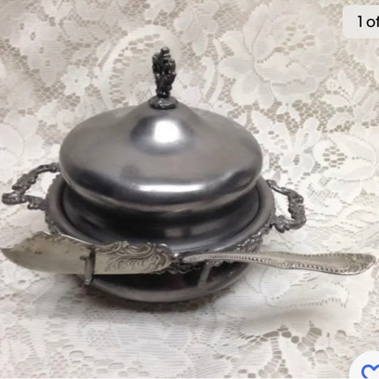 Antique, Colonial Silver Co., 4pc Quadruple Silver-plated Butter Bowl with Knif