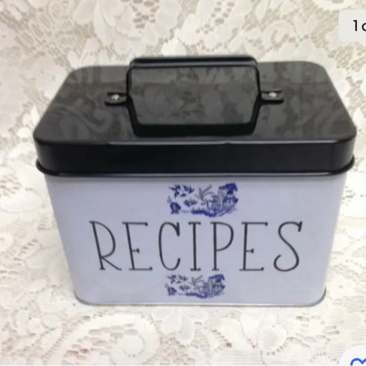 Blue Willow, White Tin Recipe Box  7in x 6in x 4in.