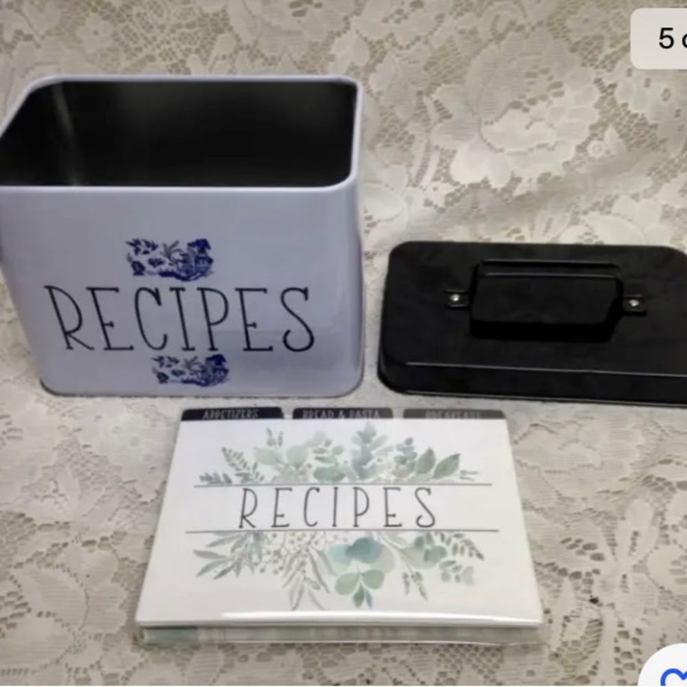 Blue Willow, White Tin Recipe Box  7in x 6in x 4in.