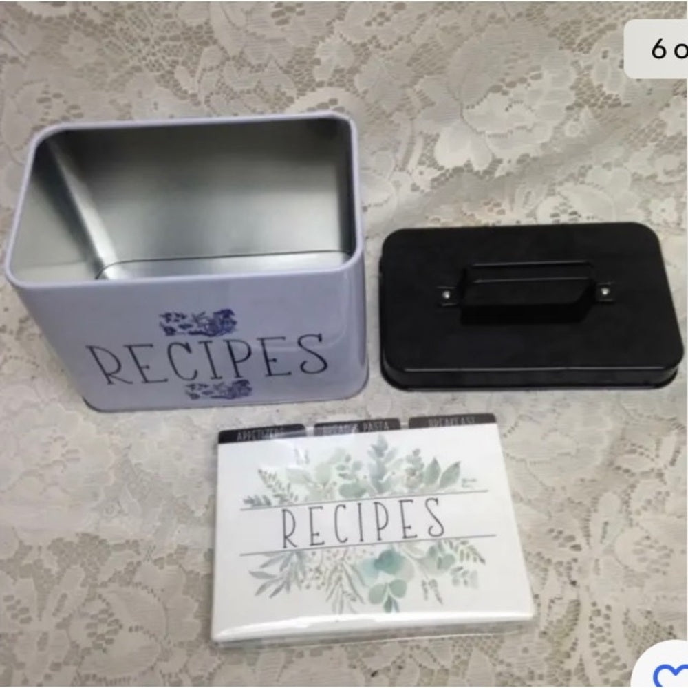 Blue Willow, White Tin Recipe Box  7in x 6in x 4in.
