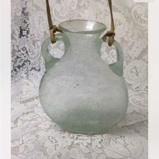 Vintage Rare, Blown, Twin Handled, Greenish Bubbled Glass Hanging Vase or Flask