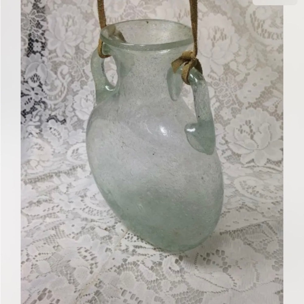 Vintage Rare, Blown, Twin Handled, Greenish Bubbled Glass Hanging Vase or Flask