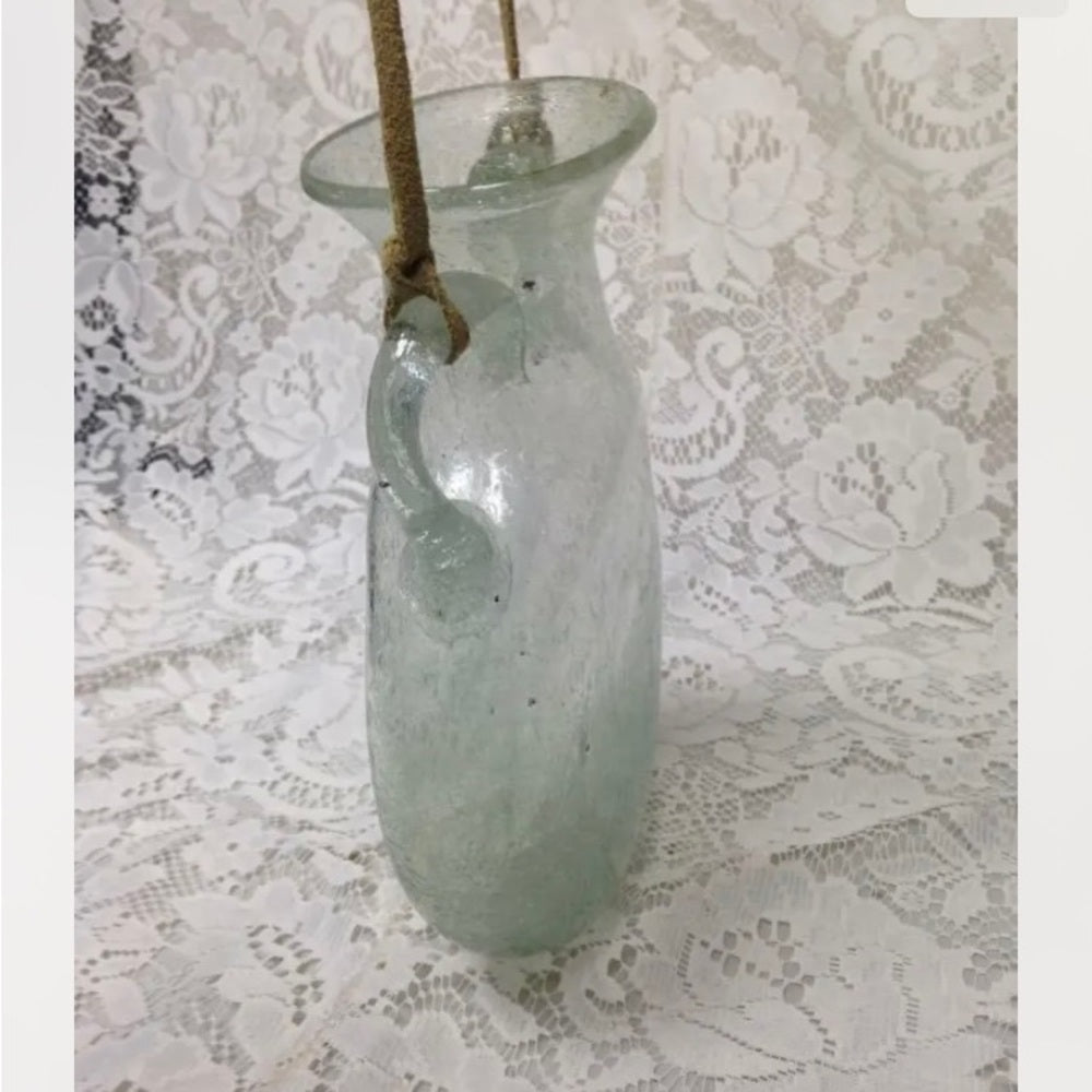 Vintage Rare, Blown, Twin Handled, Greenish Bubbled Glass Hanging Vase or Flask