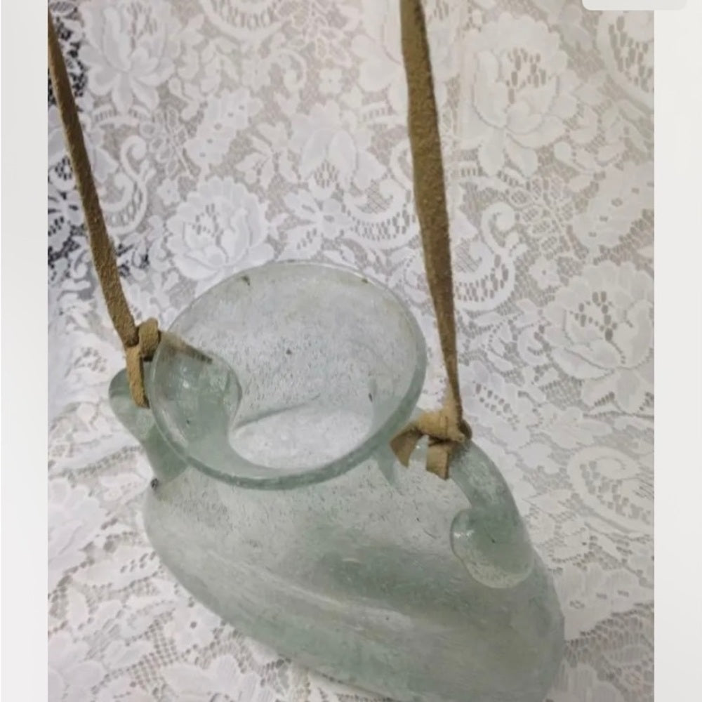 Vintage Rare, Blown, Twin Handled, Greenish Bubbled Glass Hanging Vase or Flask