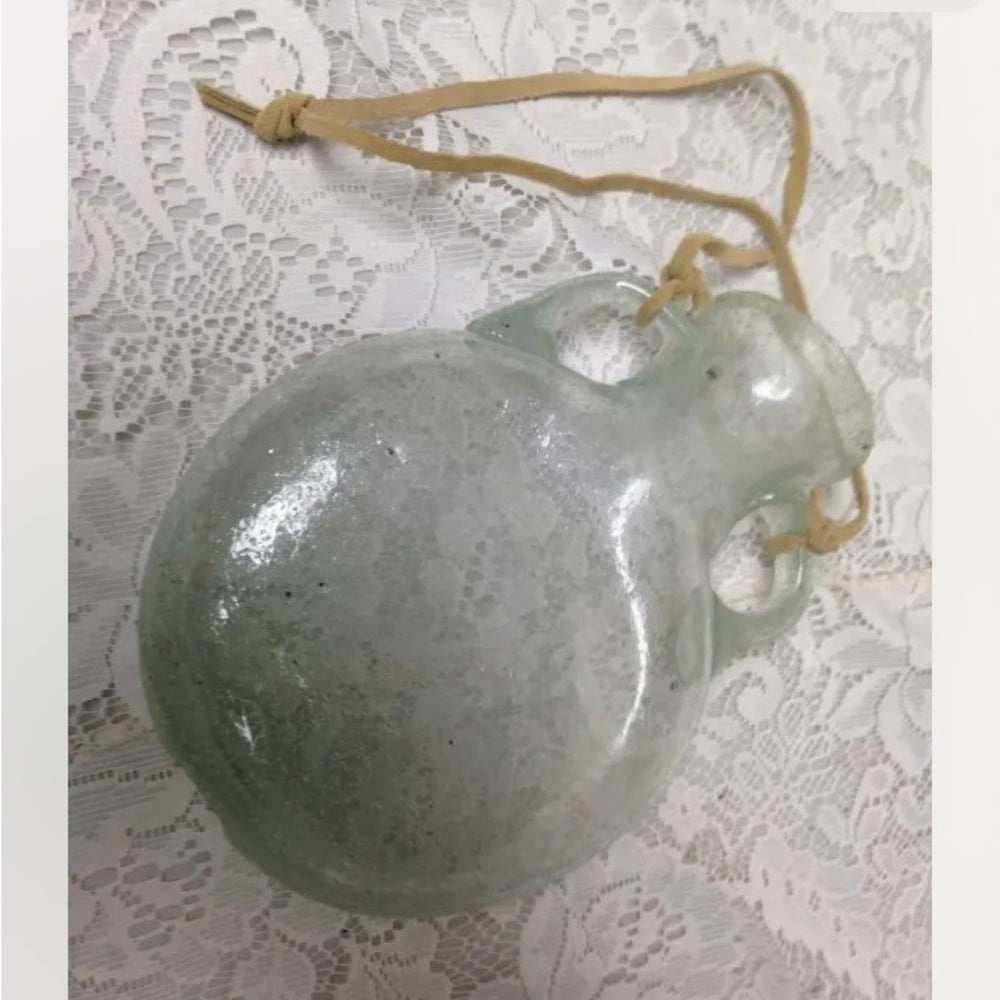Vintage Rare, Blown, Twin Handled, Greenish Bubbled Glass Hanging Vase or Flask
