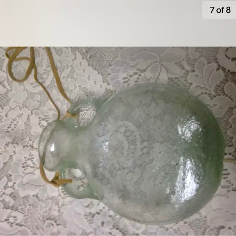Vintage Rare, Blown, Twin Handled, Greenish Bubbled Glass Hanging Vase or Flask