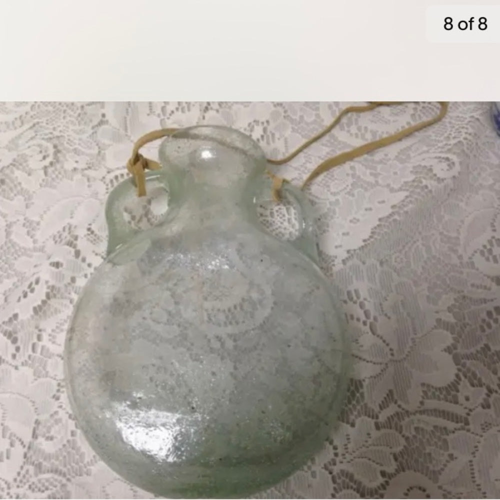 Vintage Rare, Blown, Twin Handled, Greenish Bubbled Glass Hanging Vase or Flask