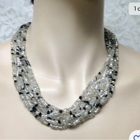 Vintage, Multi-layer, 8-Strands, 19-inch Black n Clear Glass Beaded Necklace (k