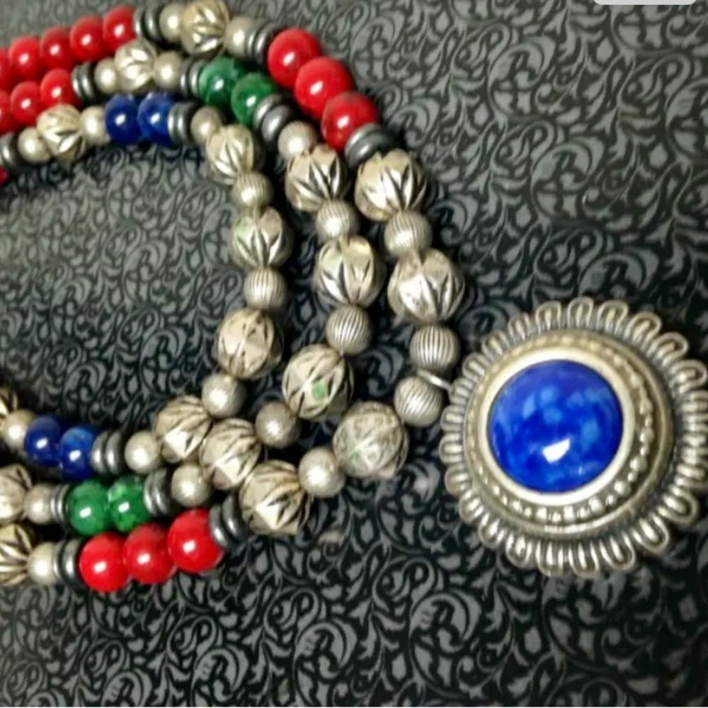 Vintage, Multi-Layer 3-Strands, Red, Blue, Green, Silver Beaded 16-inch Necklace