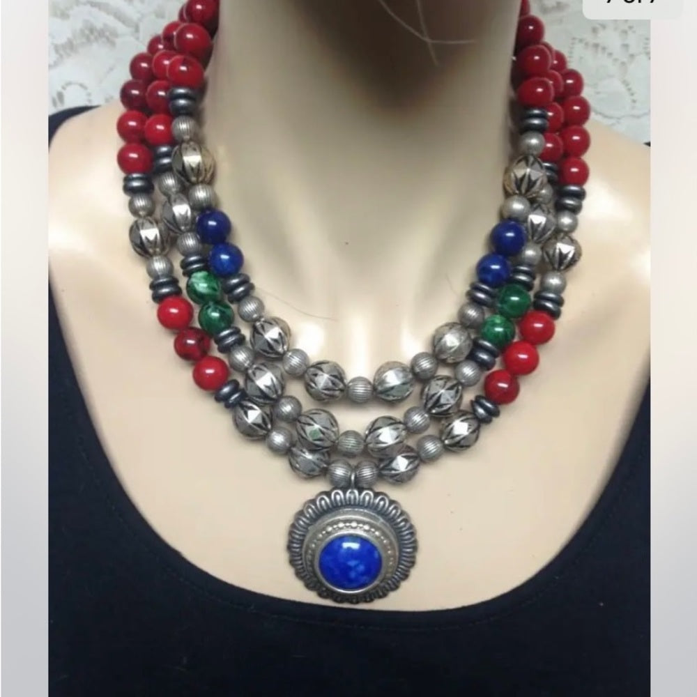 Vintage, Multi-Layer 3-Strands, Red, Blue, Green, Silver Beaded 16-inch Necklace