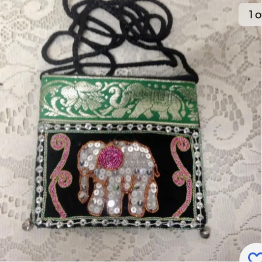 Green Sequined Elephant Coin Purse-Crossbody 5in x 4.5in