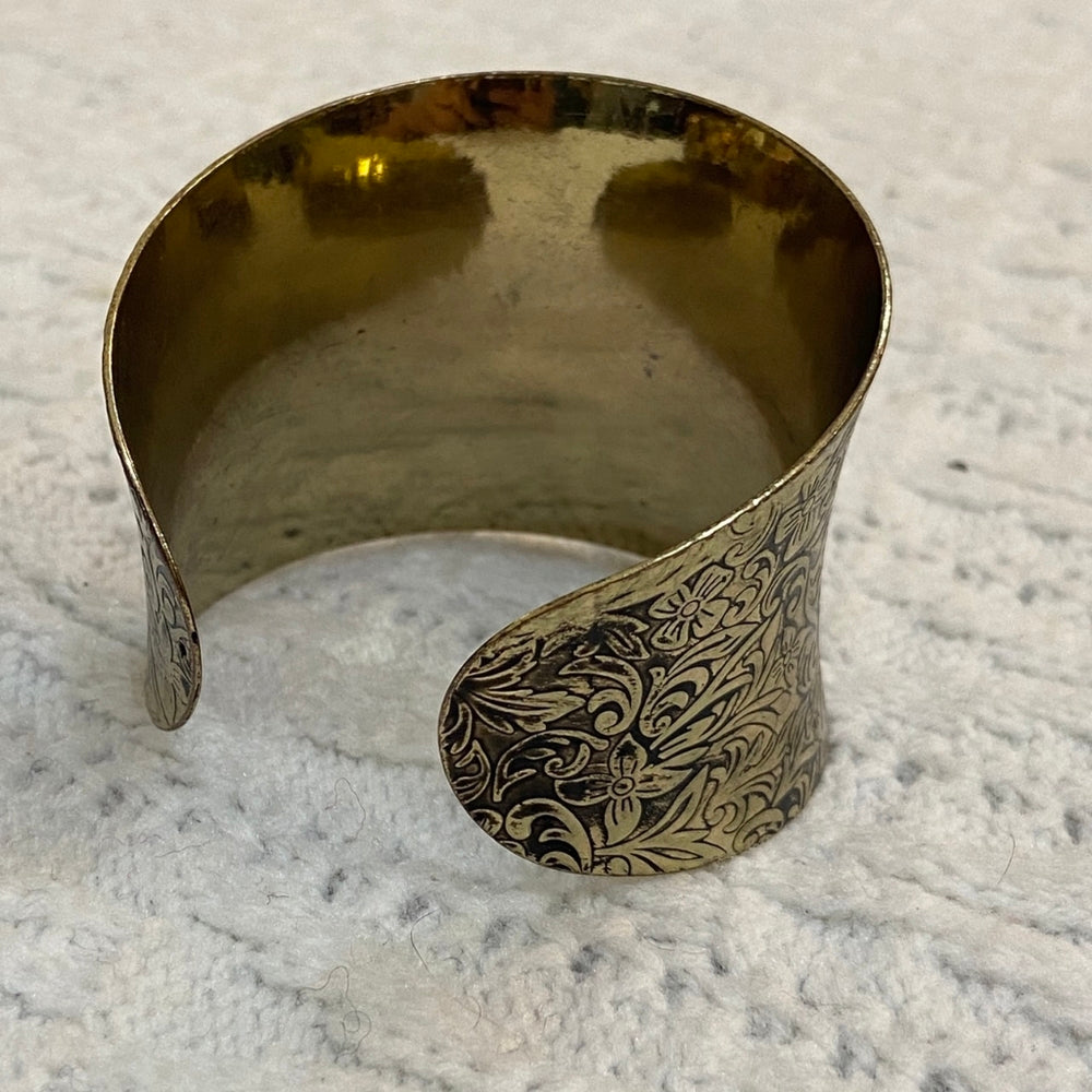 - Vintage Gold Cuff Bangle with Floral Engraving