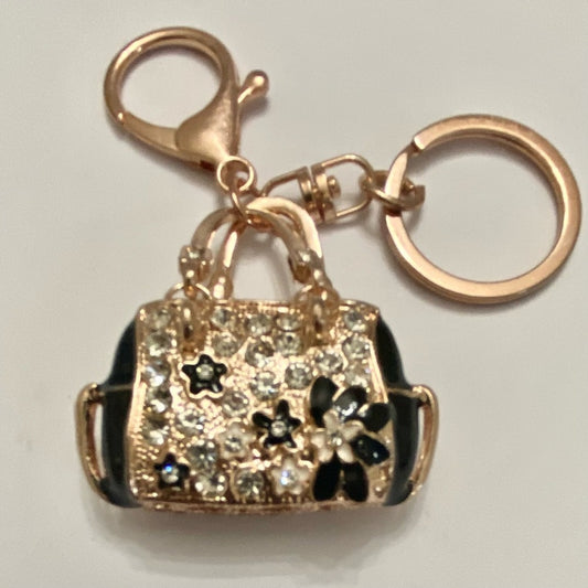2-Way, Black Floral Rhinestone Handbag Charm- Key Chain