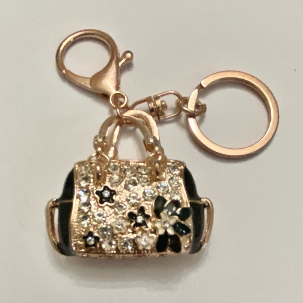 2-Way, Black Floral Rhinestone Handbag Charm- Key Chain