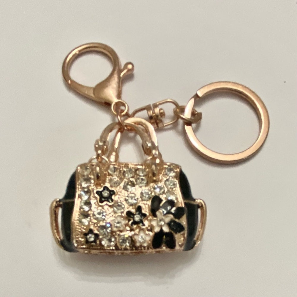 2-Way, Black Floral Rhinestone Handbag Charm- Key Chain