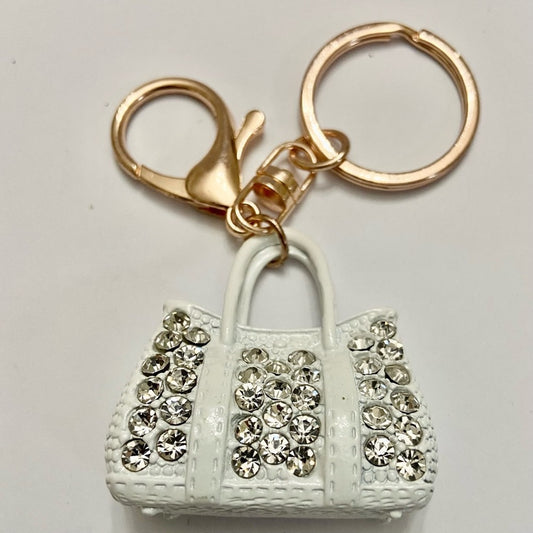 2-Way, White Enamel-Clear Rhinestone Handbag Charm- Key Chain