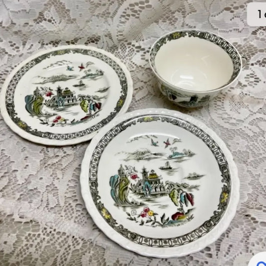 Vintage, Rare, Myott, England, Variant Polychrome Willow Trio Set