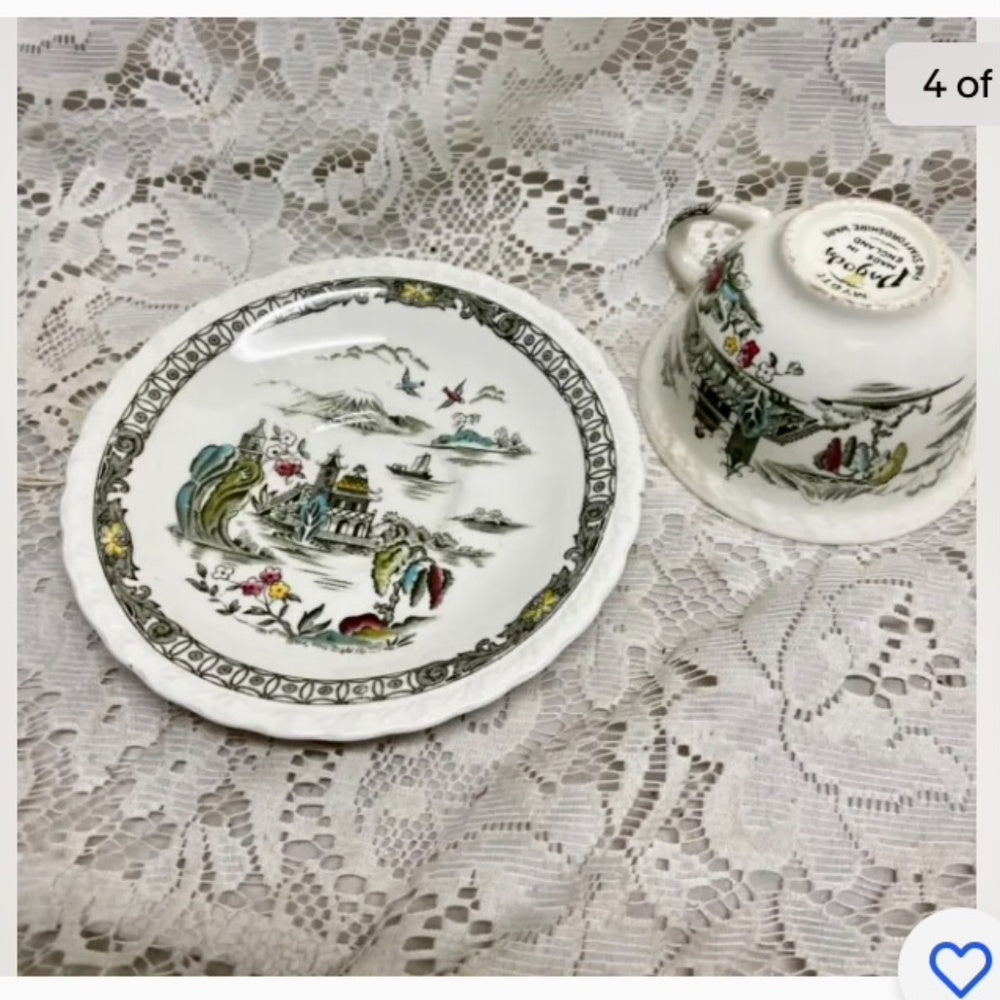 Vintage, Rare, Myott, England, Variant Polychrome Willow Trio Set