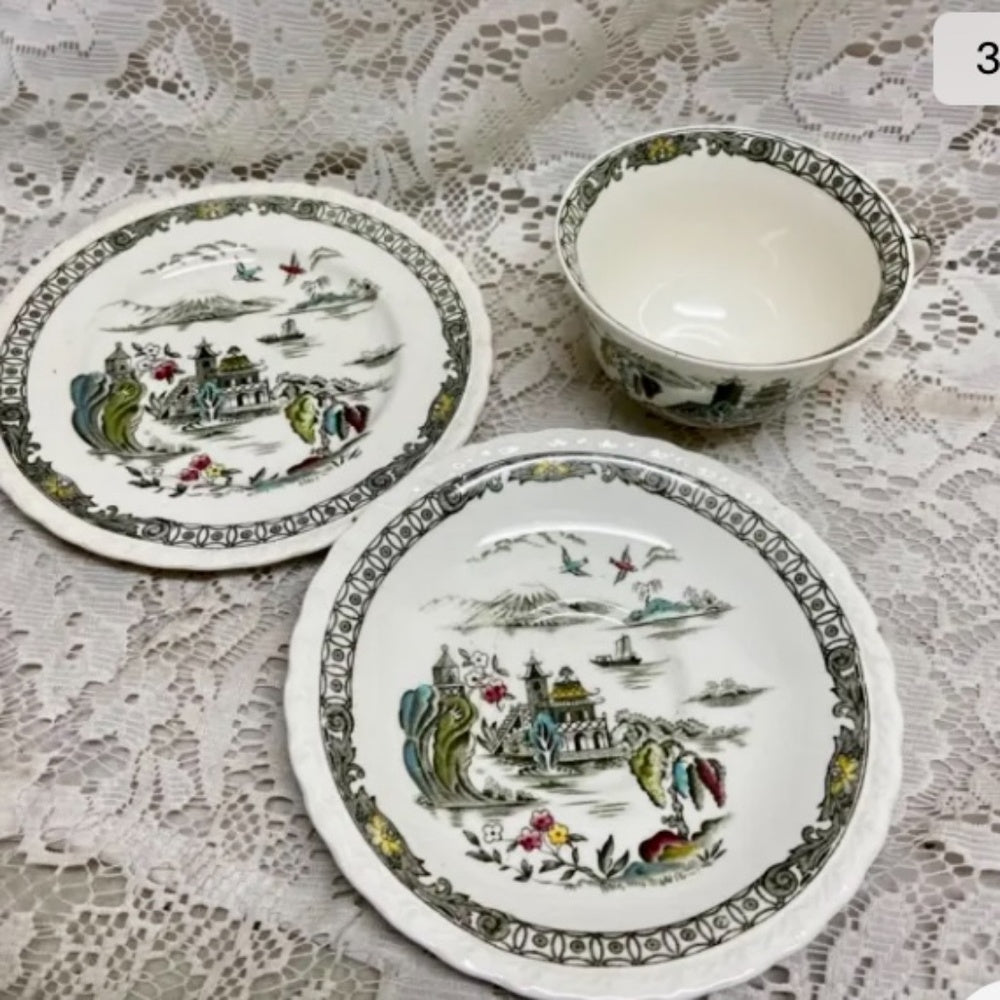 Vintage, Rare, Myott, England, Variant Polychrome Willow Trio Set