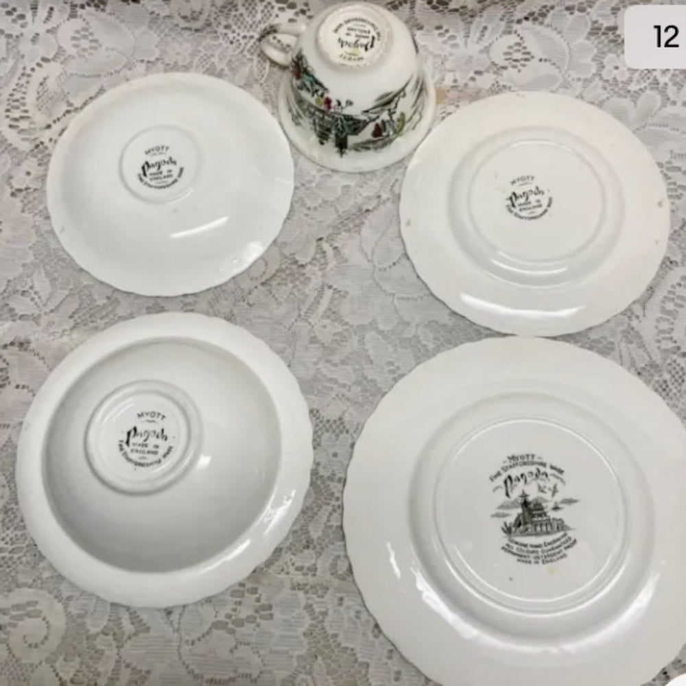 Vintage, Rare, Myott, England, Hand Engraved, Variant Blue Willow 5pc Luncheon
