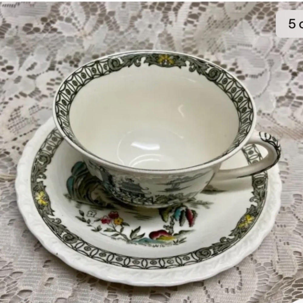 Vintage, Rare, Myott, England, Hand Engraved, Variant Blue Willow 5pc Luncheon