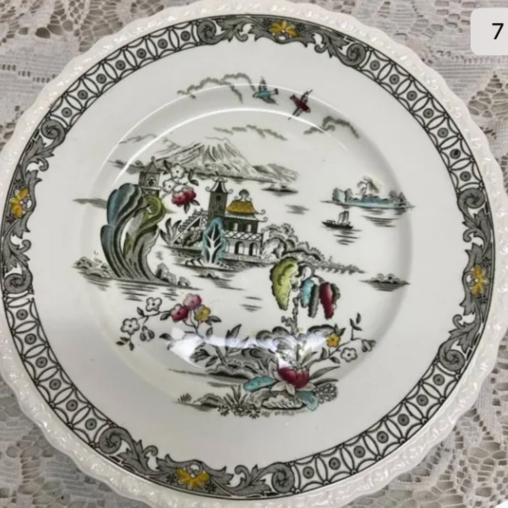 Vintage, Rare, Myott, England, Hand Engraved, Variant Blue Willow 5pc Luncheon