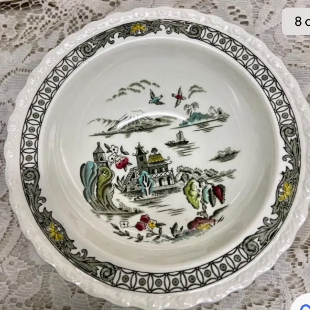 Vintage, Rare, Myott, England, Hand Engraved, Variant Blue Willow 5pc Luncheon