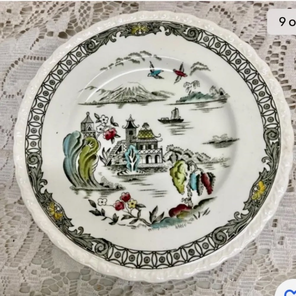 Vintage, Rare, Myott, England, Hand Engraved, Variant Blue Willow 5pc Luncheon