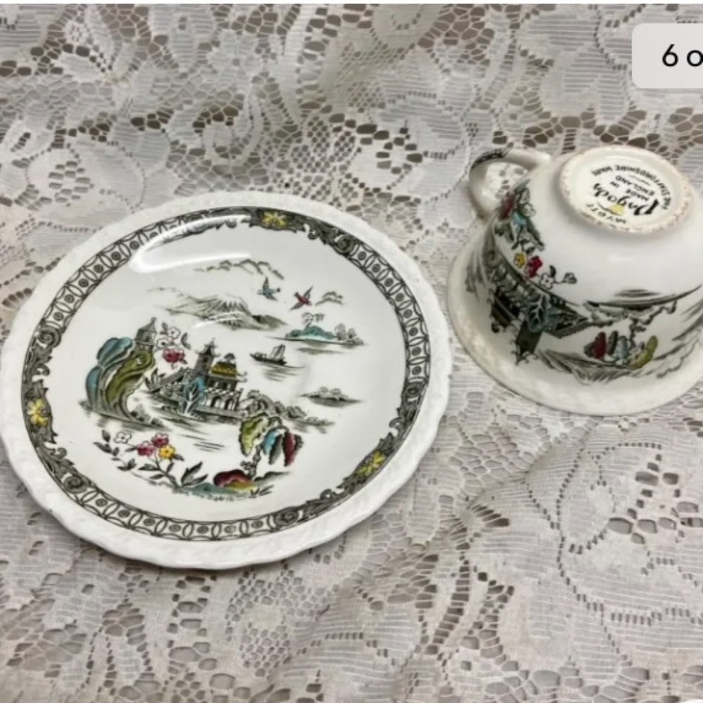 Vintage, Rare, Myott, England, Hand Engraved, Variant Blue Willow 5pc Luncheon