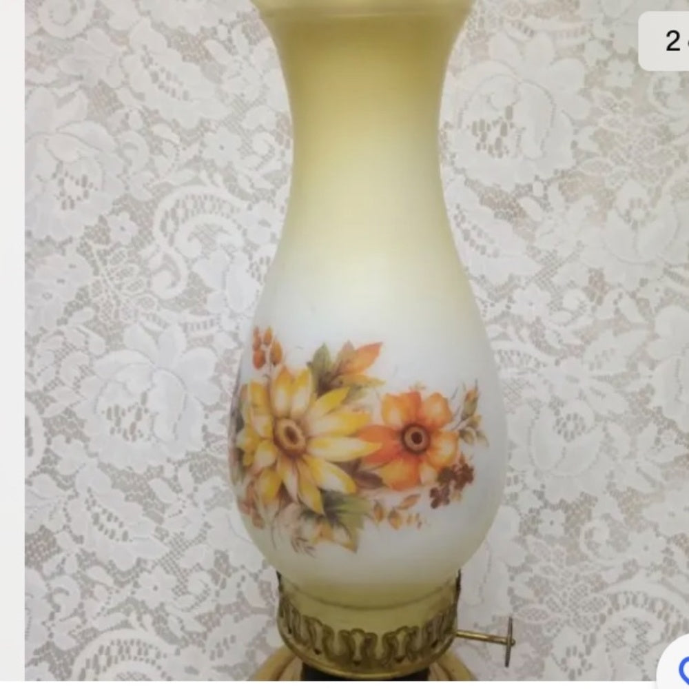 Brass Kerosene Lamp with Floral Milk Glass Chimney 18in x 10in