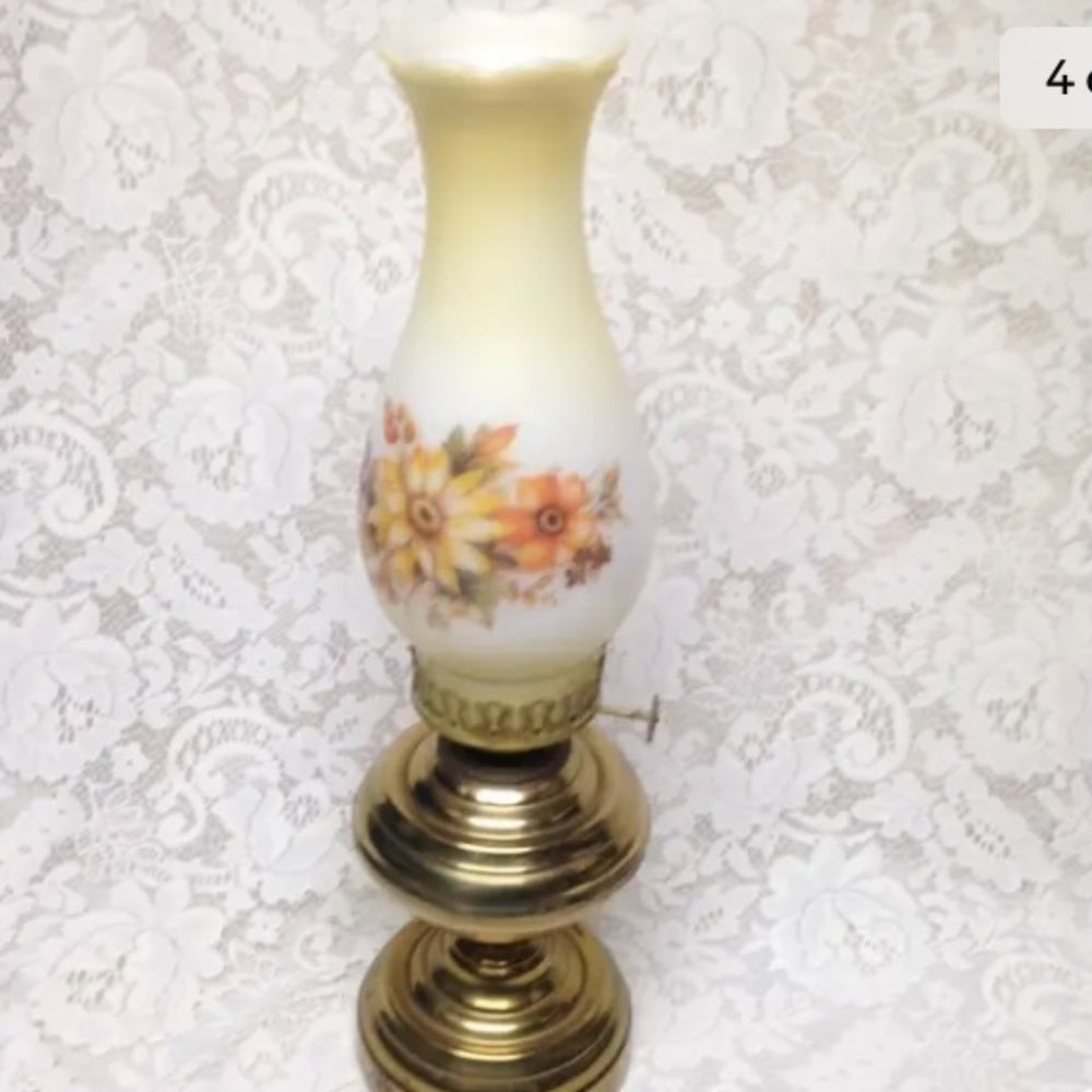 Brass Kerosene Lamp with Floral Milk Glass Chimney 18in x 10in