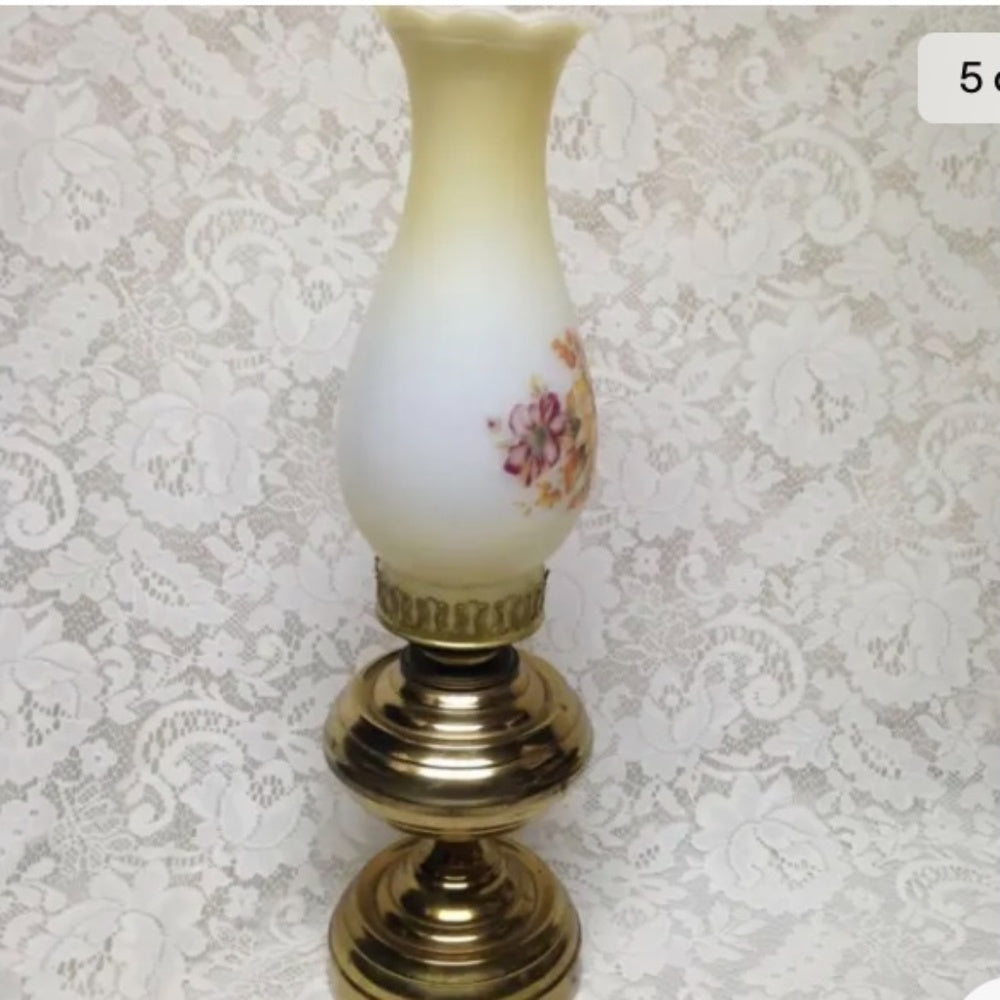 Brass Kerosene Lamp with Floral Milk Glass Chimney 18in x 10in