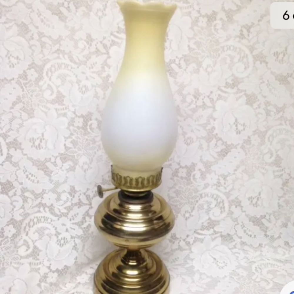 Brass Kerosene Lamp with Floral Milk Glass Chimney 18in x 10in