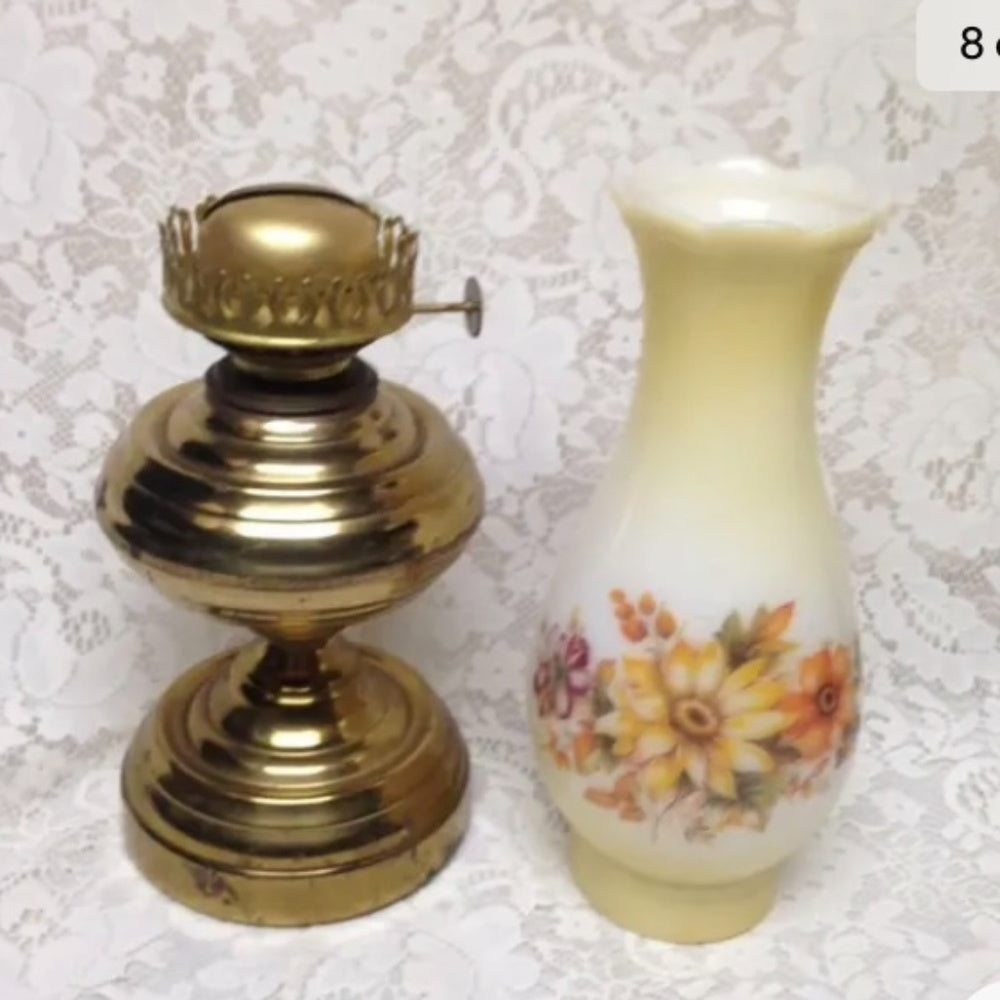 Brass Kerosene Lamp with Floral Milk Glass Chimney 18in x 10in