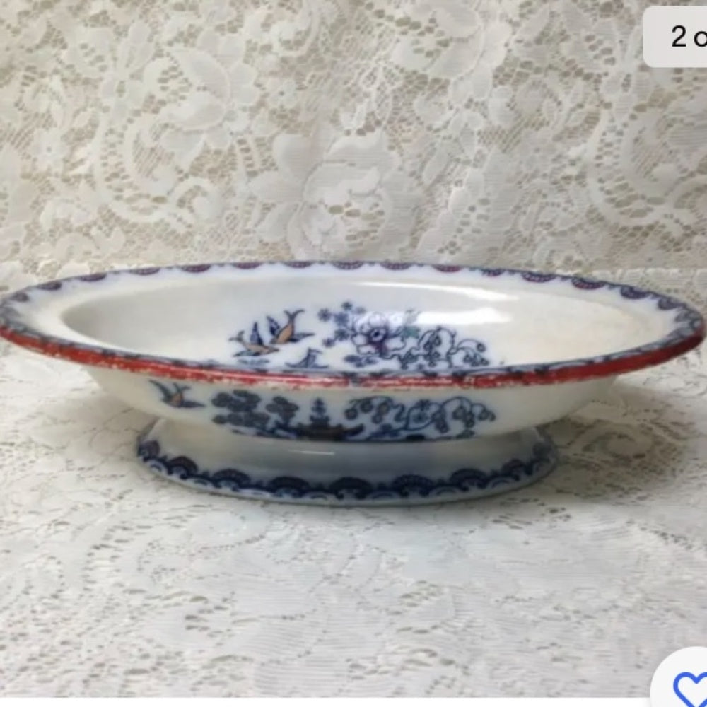 Antique, Flow Blue Willow, E.M. Co., England, 11.5in x 8.5in Lidded Bowl-Tureen