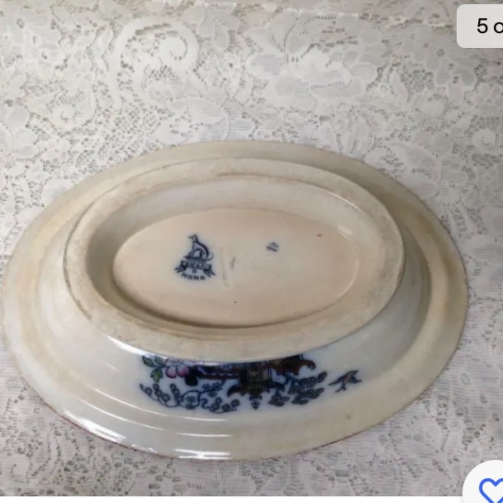Antique, Flow Blue Willow, E.M. Co., England, 11.5in x 8.5in Lidded Bowl-Tureen